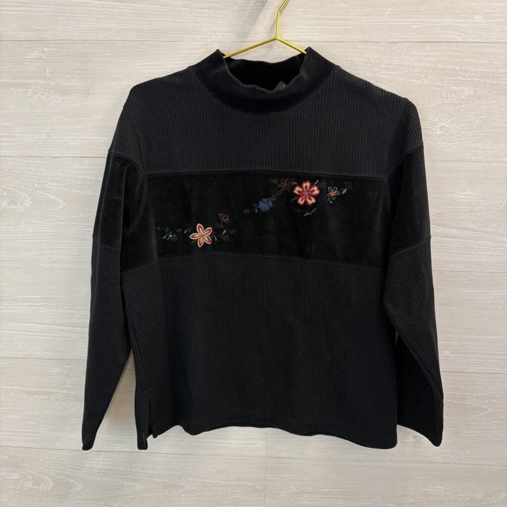 Vintage Erika Black Embroidered Flower Mock Neck Long Sleeve Top Large Petite