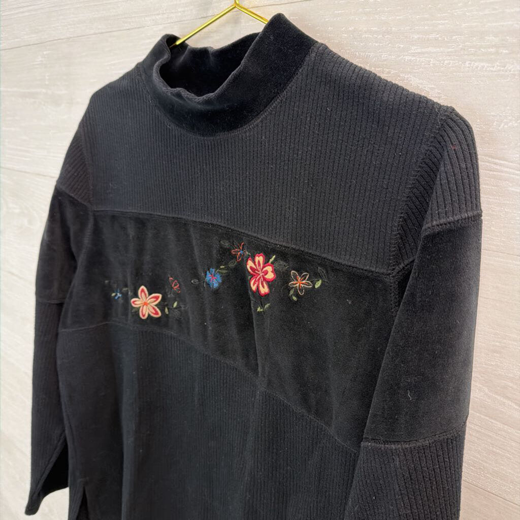 Vintage Erika Black Embroidered Flower Mock Neck Long Sleeve Top Large Petite