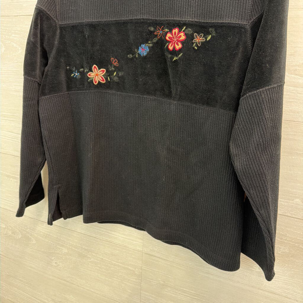 Vintage Erika Black Embroidered Flower Mock Neck Long Sleeve Top Large Petite