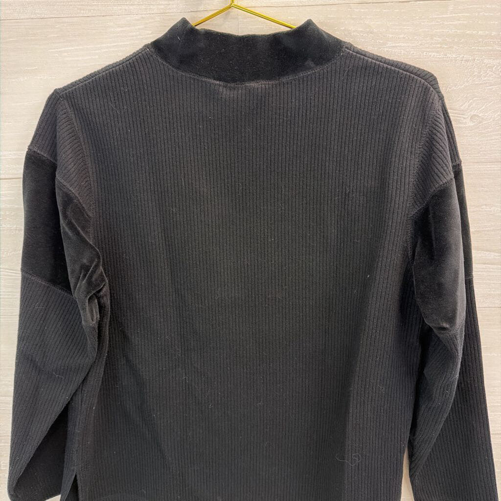 Vintage Erika Black Embroidered Flower Mock Neck Long Sleeve Top Large Petite