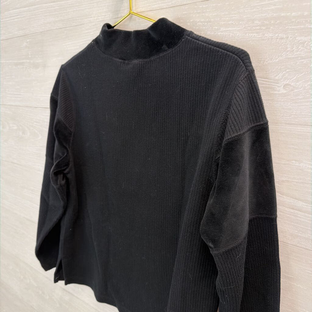 Vintage Erika Black Embroidered Flower Mock Neck Long Sleeve Top Large Petite