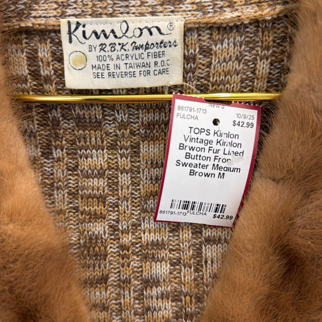 Vintage Kimlon Brwon Fur Lined Button Front Sweater Medium