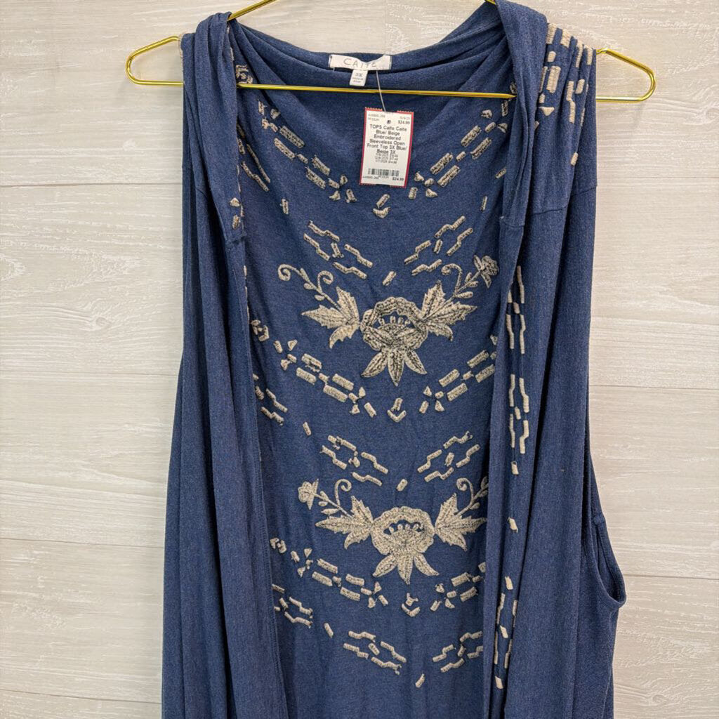 Caite Blue/ Beige Embroidered Sleeveless Open Front Top 3X – newdsalem