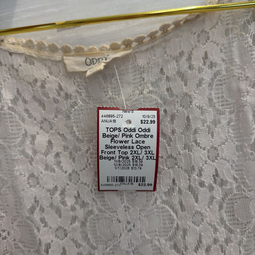 Oddi Beige/ Pink Ombre Flower Lace Sleeveless Open Front Top 2XL/ 3XL