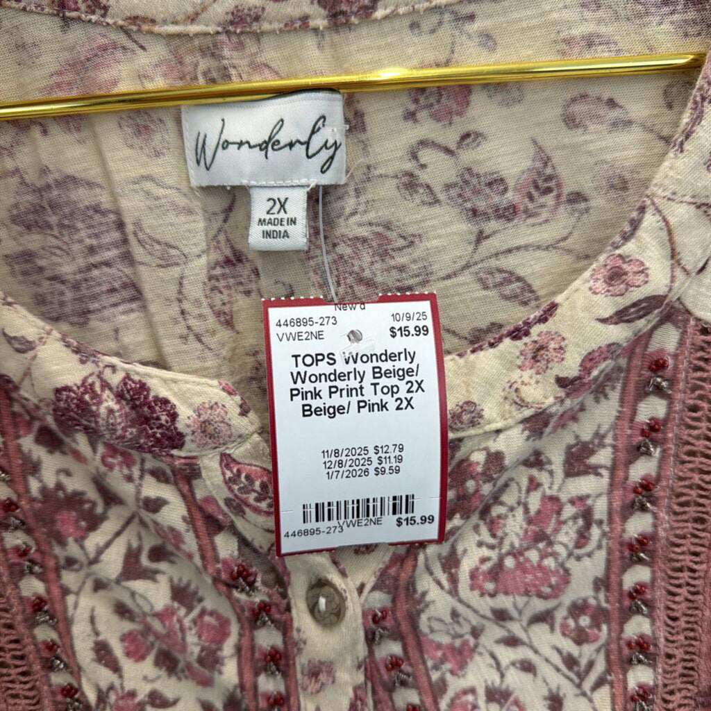 Wonderly Beige/ Pink Print Top 2X