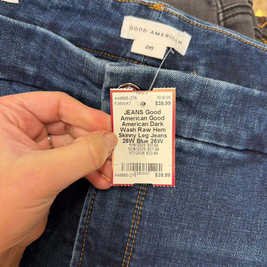 Good American Dark Wash Raw Hem Skinny Leg Jeans 26W