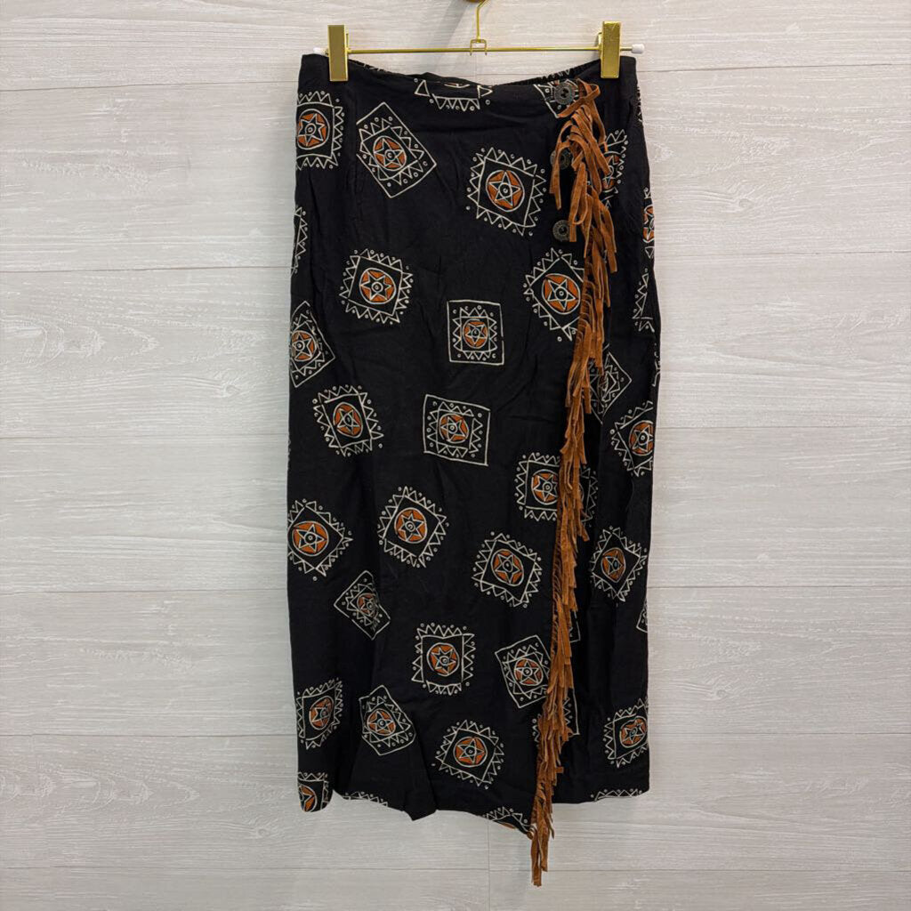 Vintage Anthony Mark Hankins Black/ Brown Print Fringe Wrap Midi Skirt 8