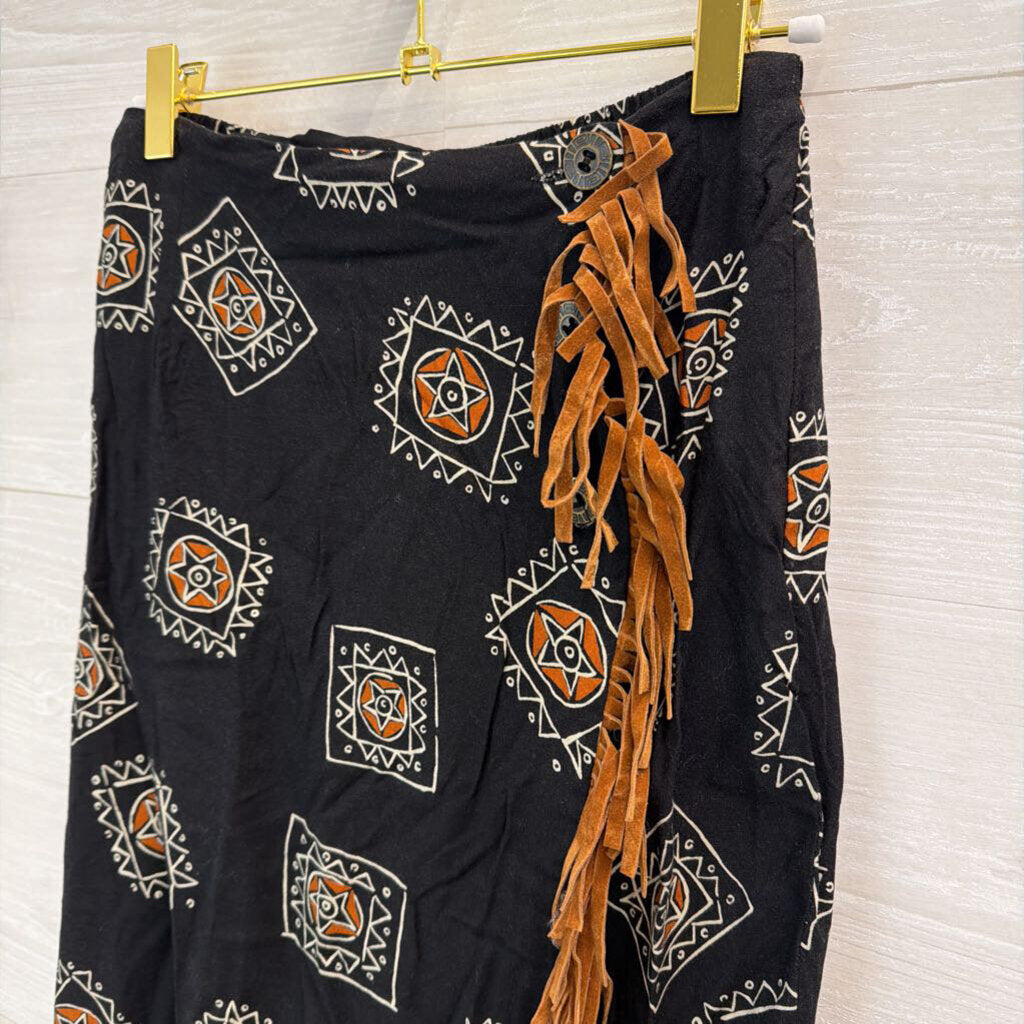 Vintage Anthony Mark Hankins Black/ Brown Print Fringe Wrap Midi Skirt 8