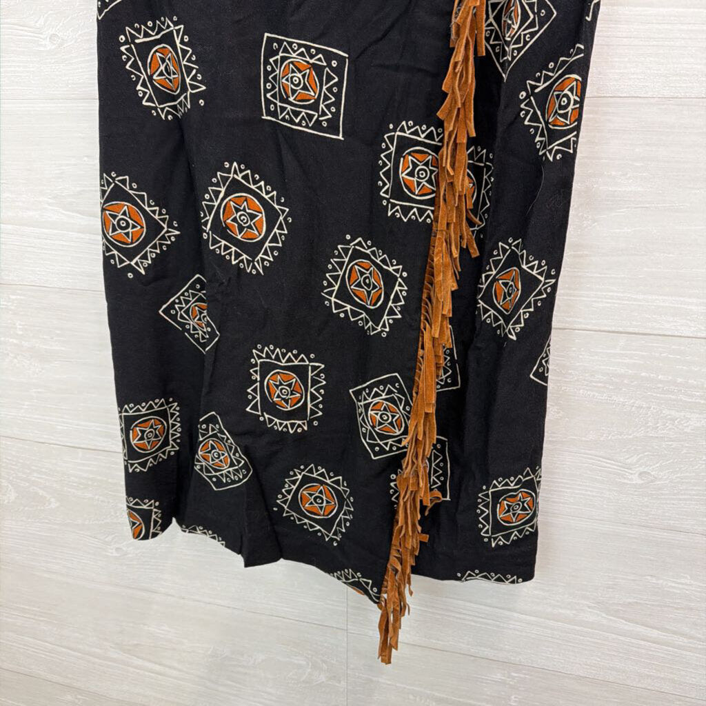 Vintage Anthony Mark Hankins Black/ Brown Print Fringe Wrap Midi Skirt 8