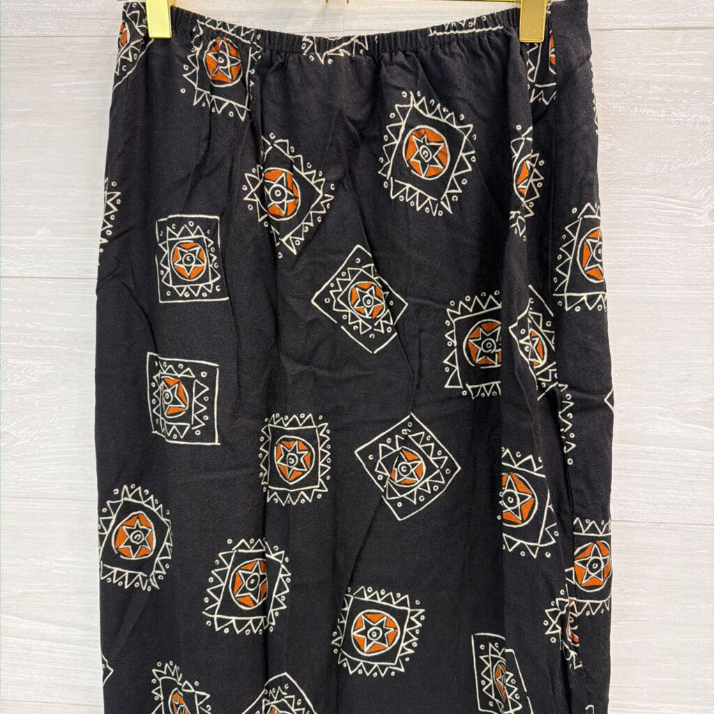 Vintage Anthony Mark Hankins Black/ Brown Print Fringe Wrap Midi Skirt 8