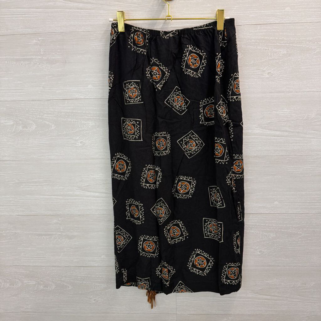 Vintage Anthony Mark Hankins Black/ Brown Print Fringe Wrap Midi Skirt 8
