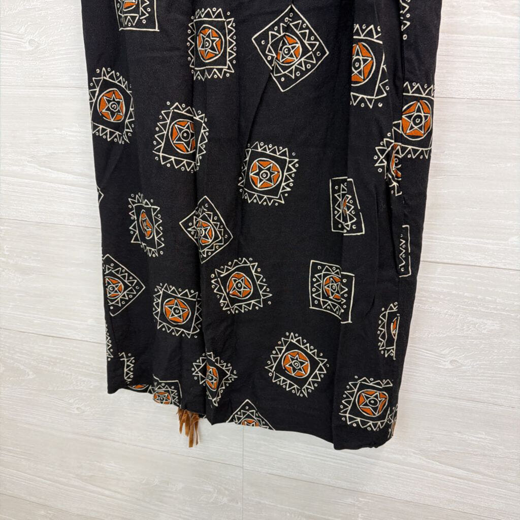 Vintage Anthony Mark Hankins Black/ Brown Print Fringe Wrap Midi Skirt 8