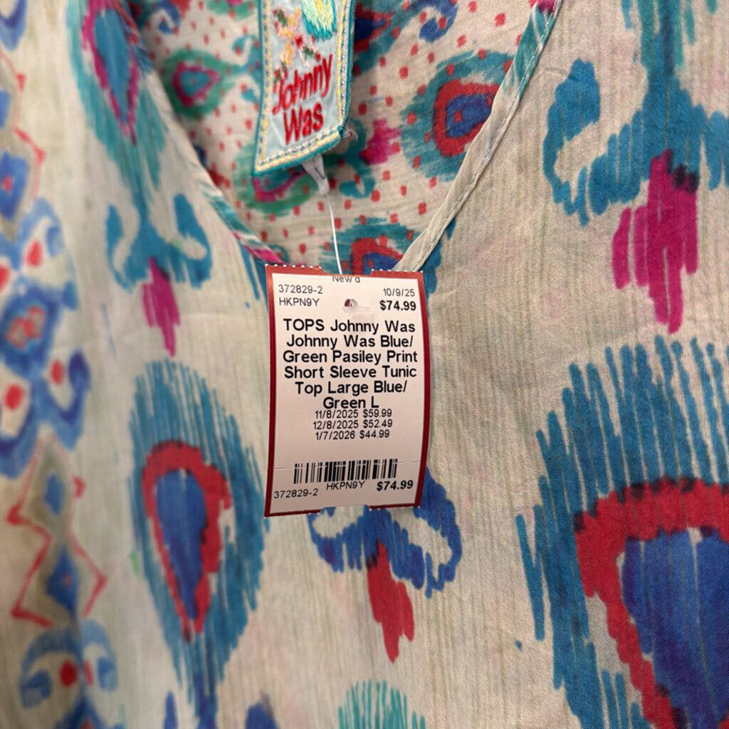 Johnny Was Blue/ Green Pasiley Print Short Sleeve Tunic Top Large