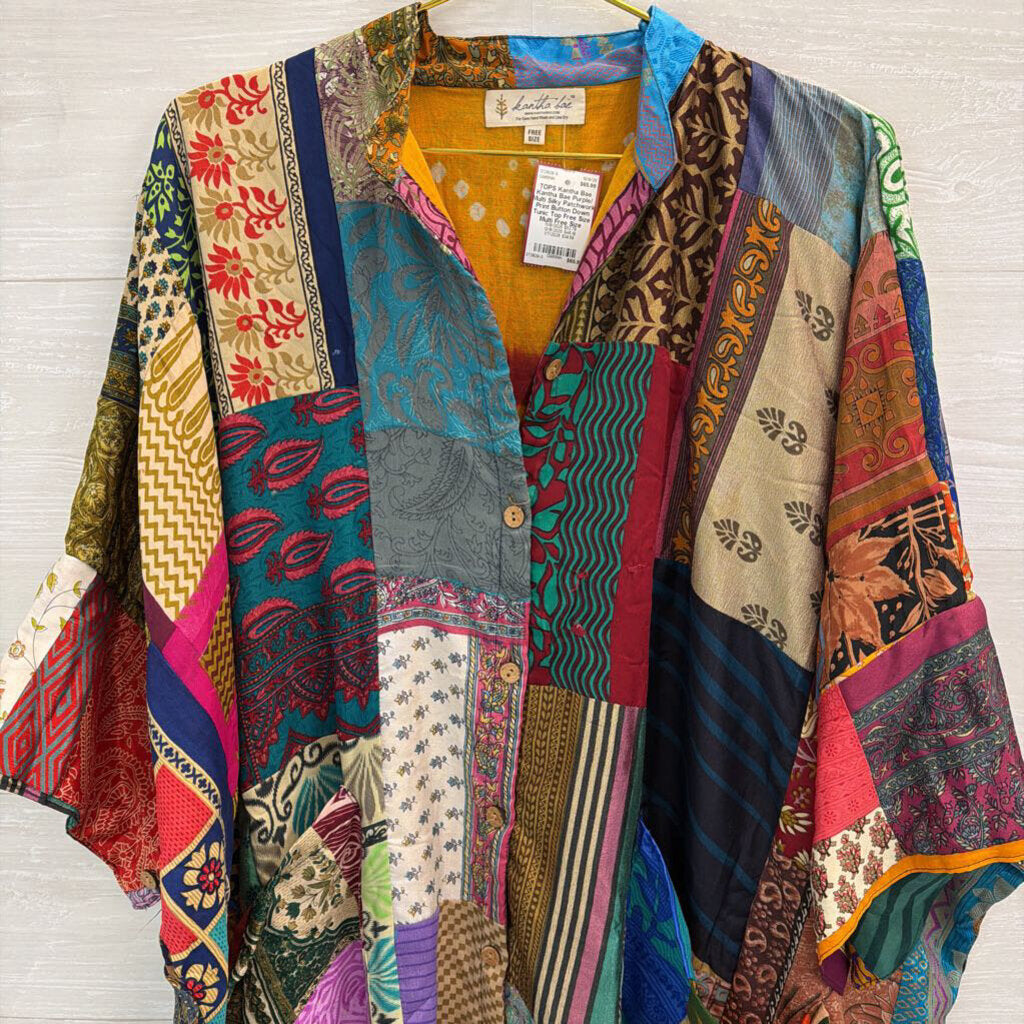 Kantha Bae Purple/ Multi Silky Patchwork Print Button Down Tunic Top Free Size