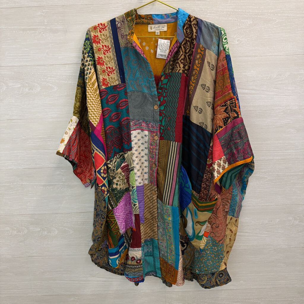 Kantha Bae Purple/ Multi Silky Patchwork Print Button Down Tunic Top Free Size