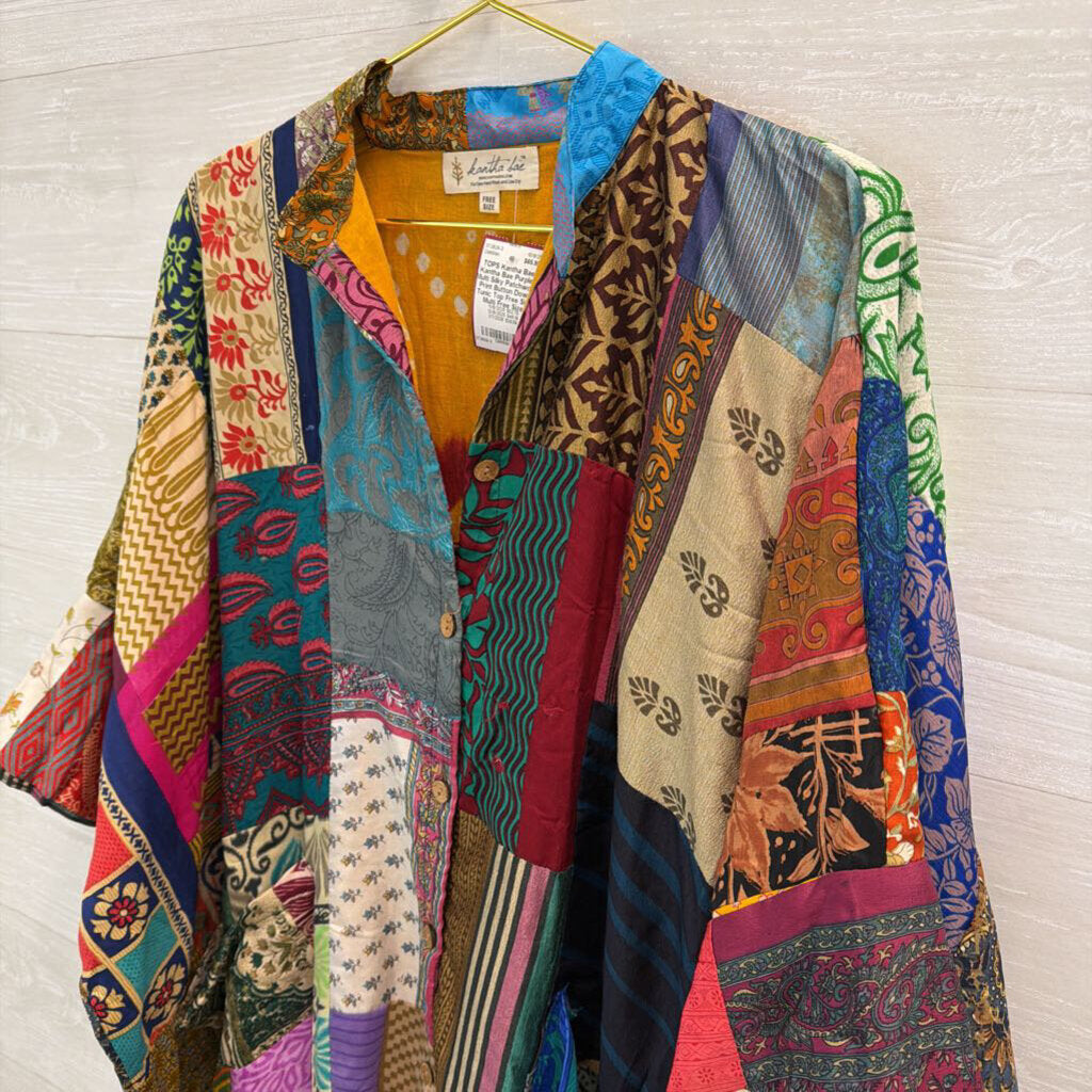 Kantha Bae Purple/ Multi Silky Patchwork Print Button Down Tunic Top Free Size