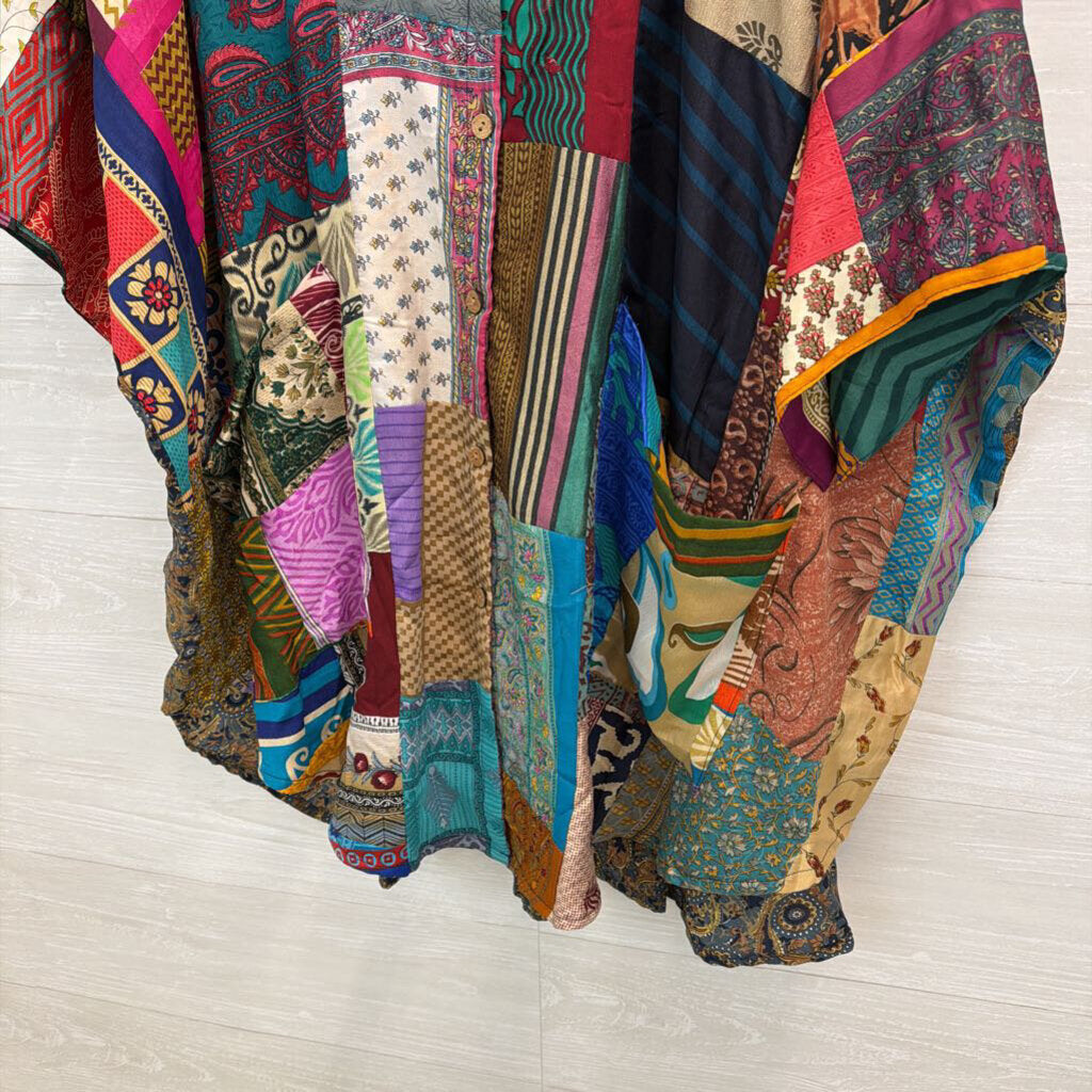 Kantha Bae Purple/ Multi Silky Patchwork Print Button Down Tunic Top Free Size