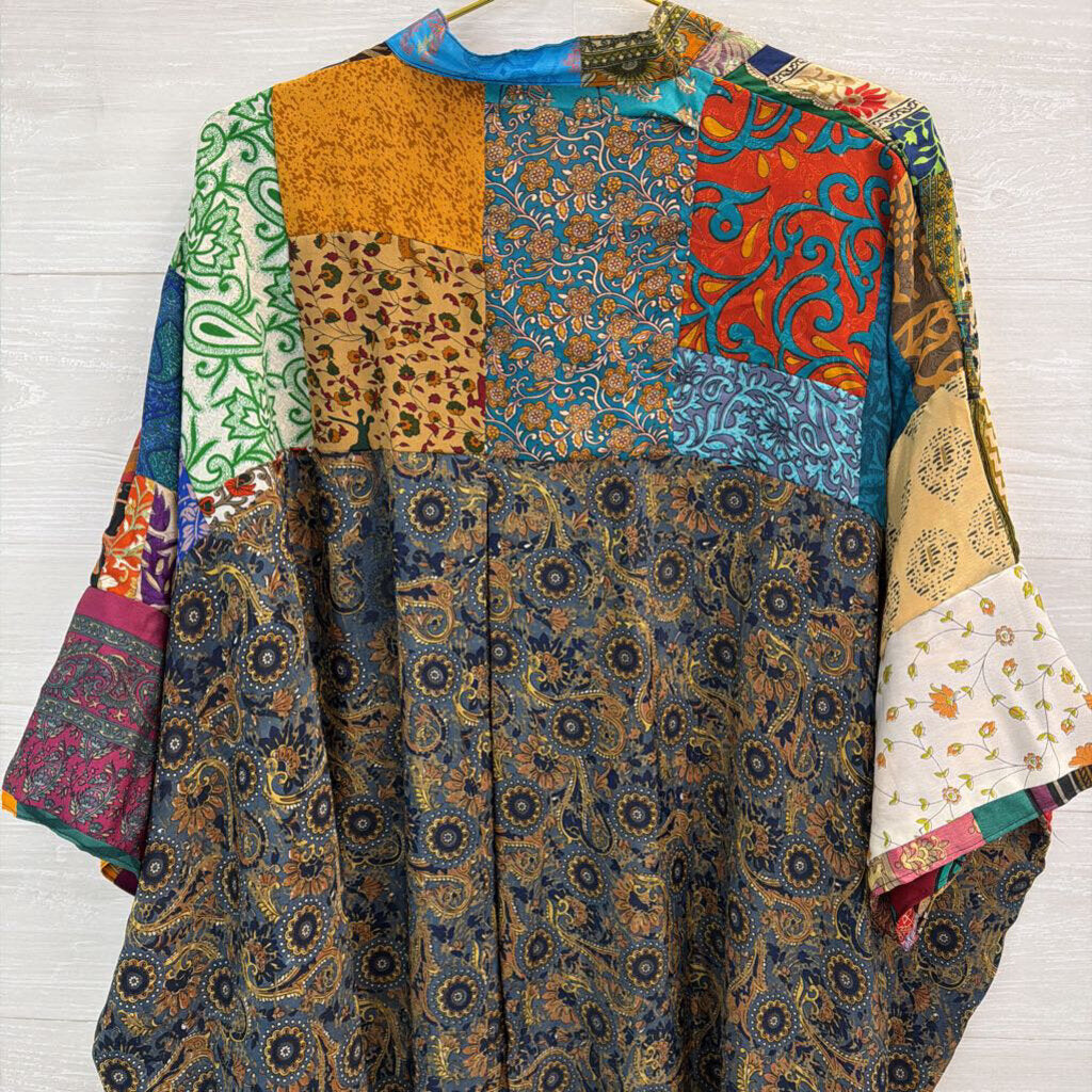 Kantha Bae Purple/ Multi Silky Patchwork Print Button Down Tunic Top Free Size