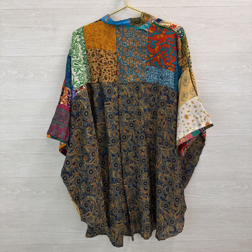 Kantha Bae Purple/ Multi Silky Patchwork Print Button Down Tunic Top Free Size
