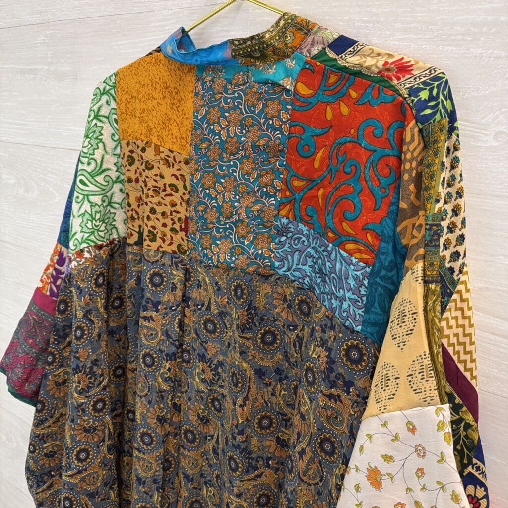 Kantha Bae Purple/ Multi Silky Patchwork Print Button Down Tunic Top Free Size