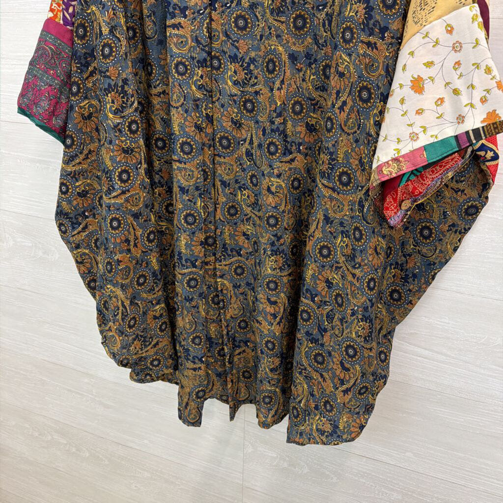 Kantha Bae Purple/ Multi Silky Patchwork Print Button Down Tunic Top Free Size