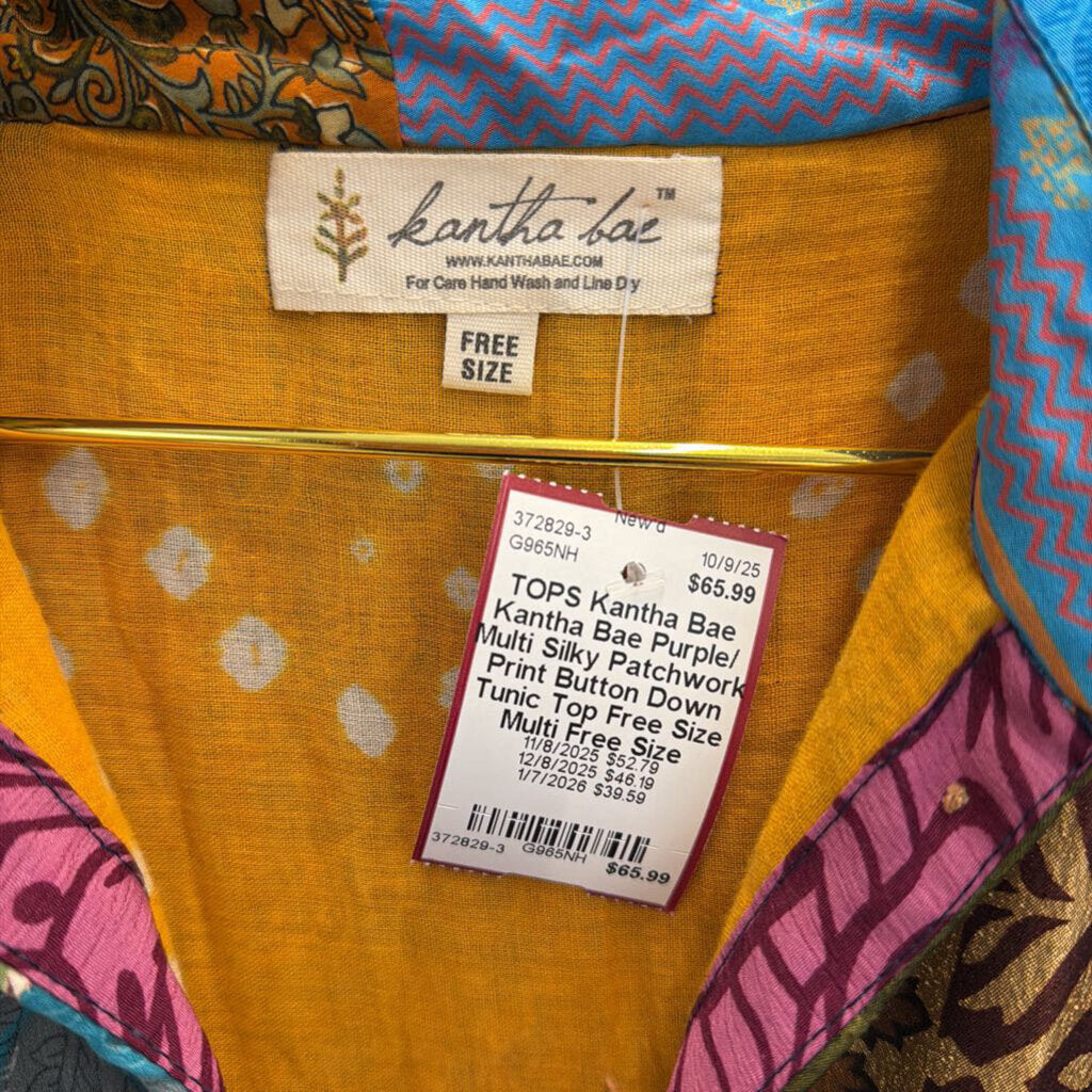 Kantha Bae Purple/ Multi Silky Patchwork Print Button Down Tunic Top Free Size