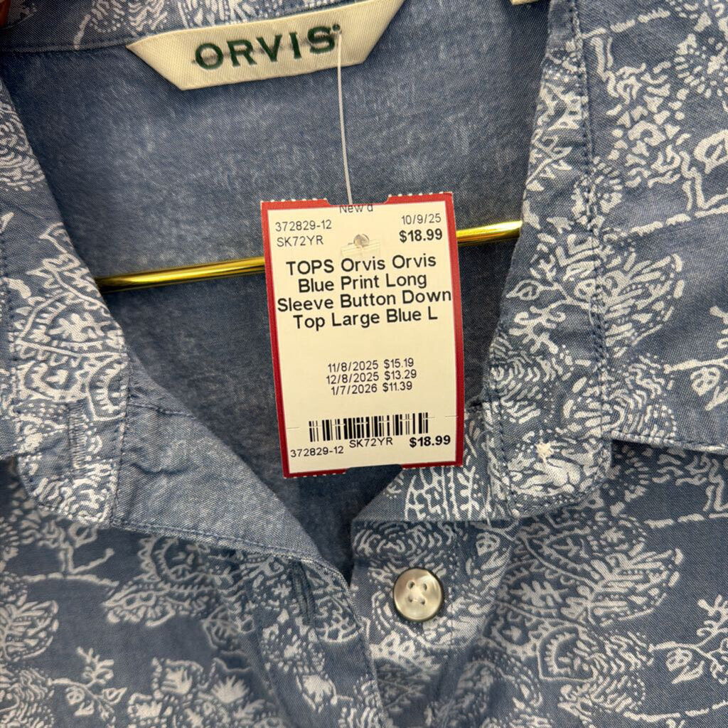 Orvis Blue Print Long Sleeve Button Down Top Large