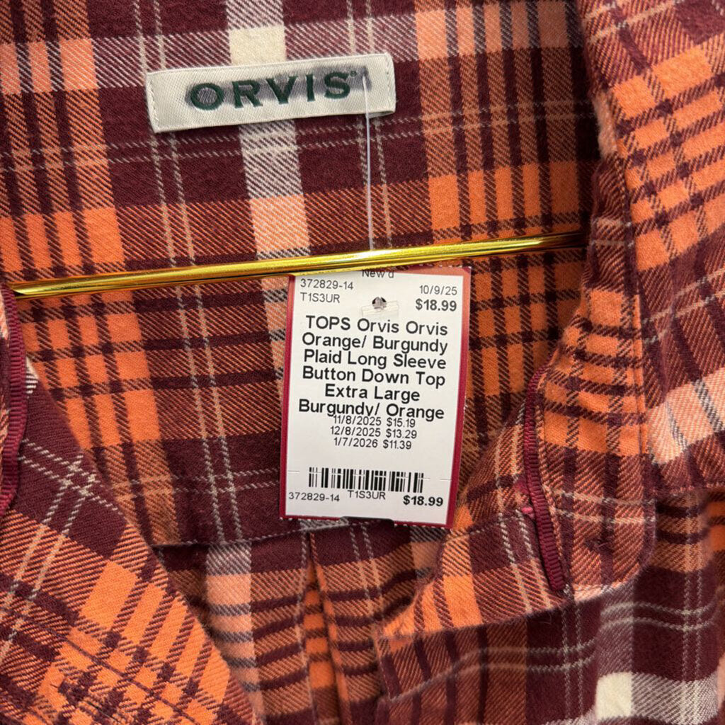 Orvis Orange/ Burgundy Plaid Long Sleeve Button Down Top Extra Large