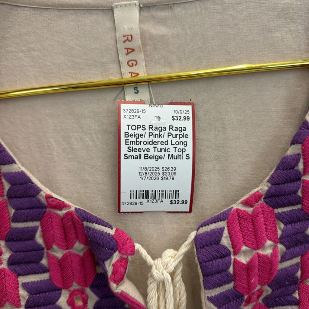 Raga Beige/ Pink/ Purple Embroidered Long Sleeve Tunic Top Small