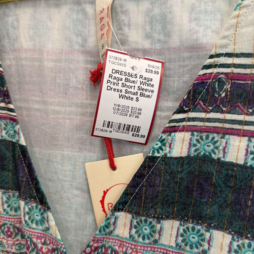 Raga Blue/ White Print Short Sleeve Dress Small