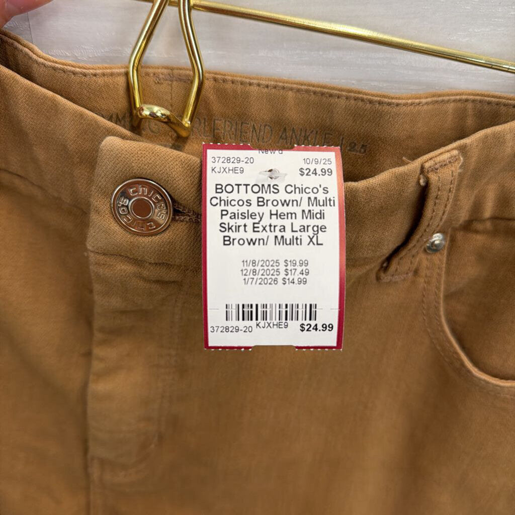 Chicos Brown/ Multi Paisley Hem Midi Skirt Extra Large