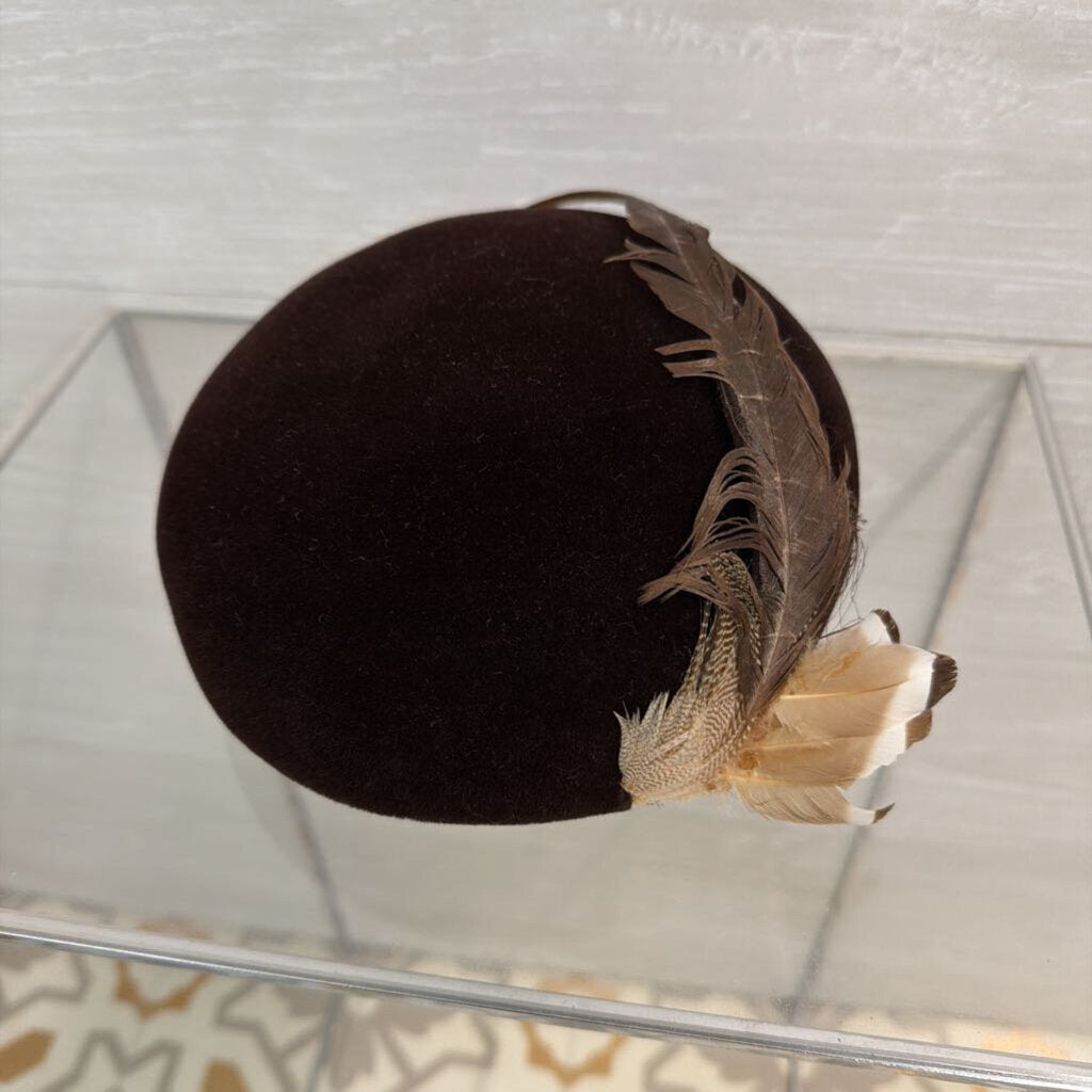 Vintage Norman Durand Brown Velvet Feather Detail Hat