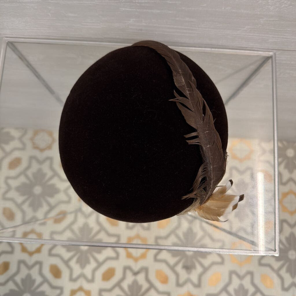Vintage Norman Durand Brown Velvet Feather Detail Hat