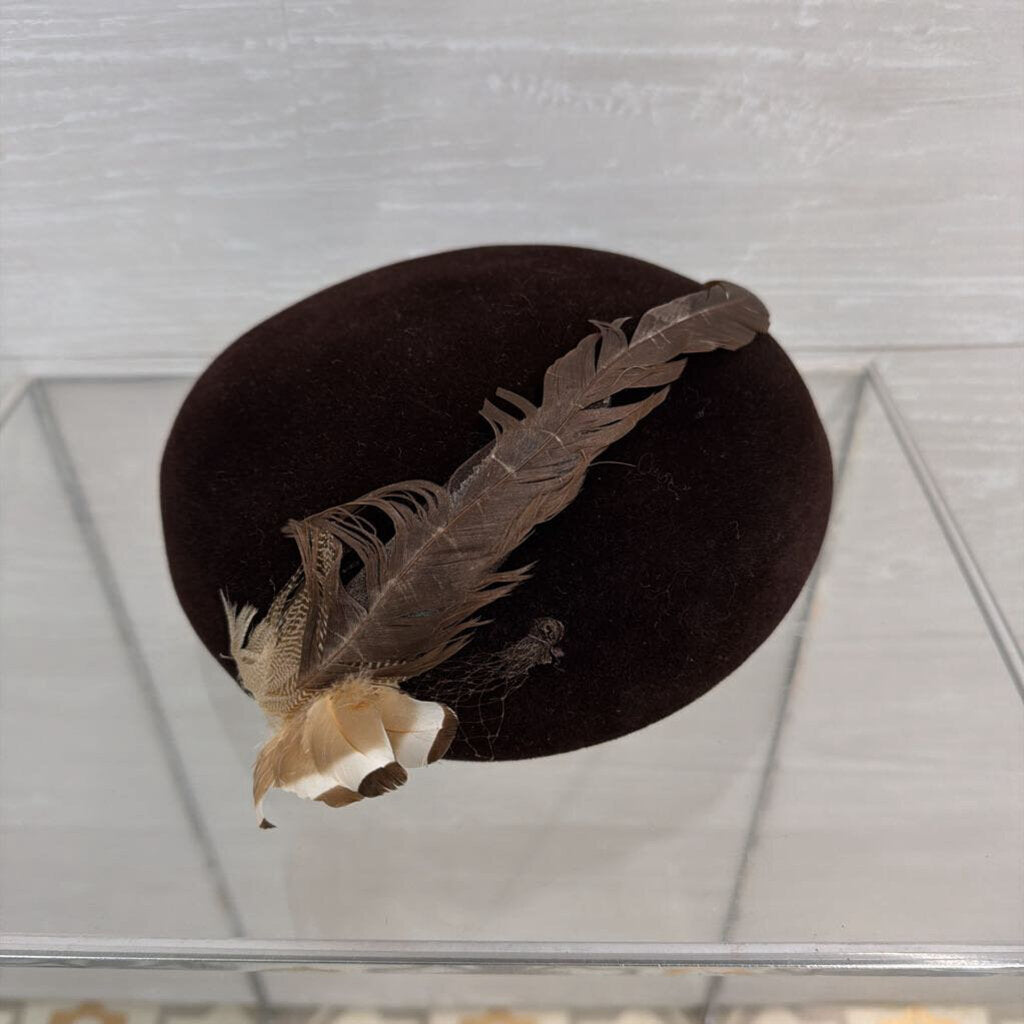 Vintage Norman Durand Brown Velvet Feather Detail Hat