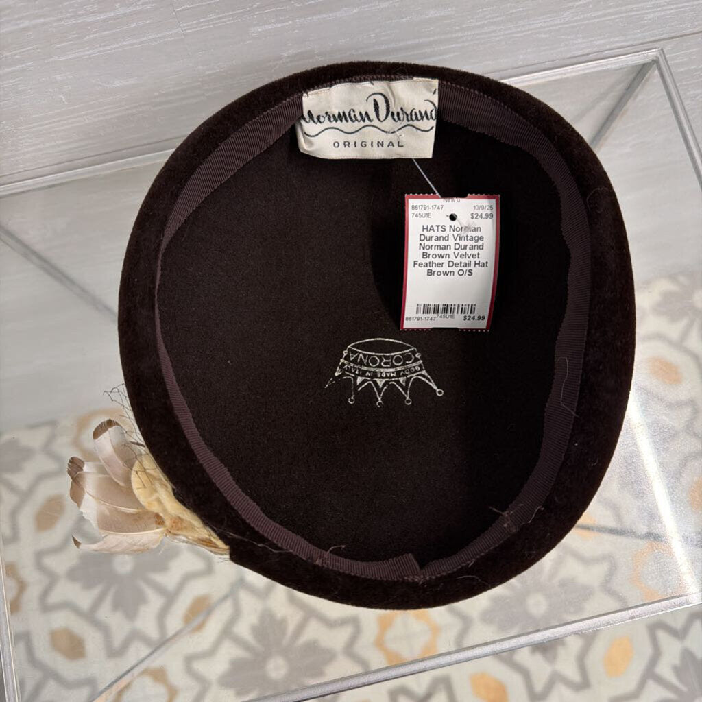 Vintage Norman Durand Brown Velvet Feather Detail Hat