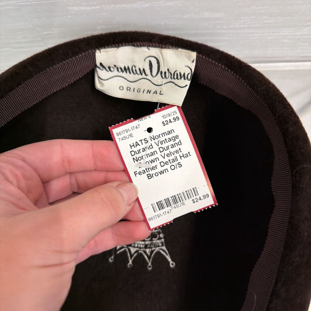 Vintage Norman Durand Brown Velvet Feather Detail Hat