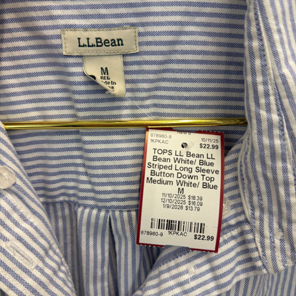 LL Bean White/ Blue Striped Long Sleeve Button Down Top Medium