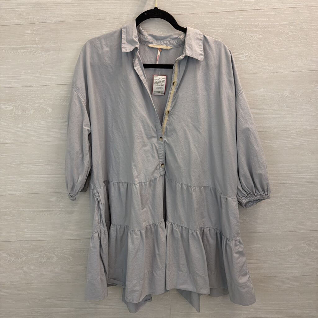Free People Blue Long Sleeve Tiered Half Button Down Top Small