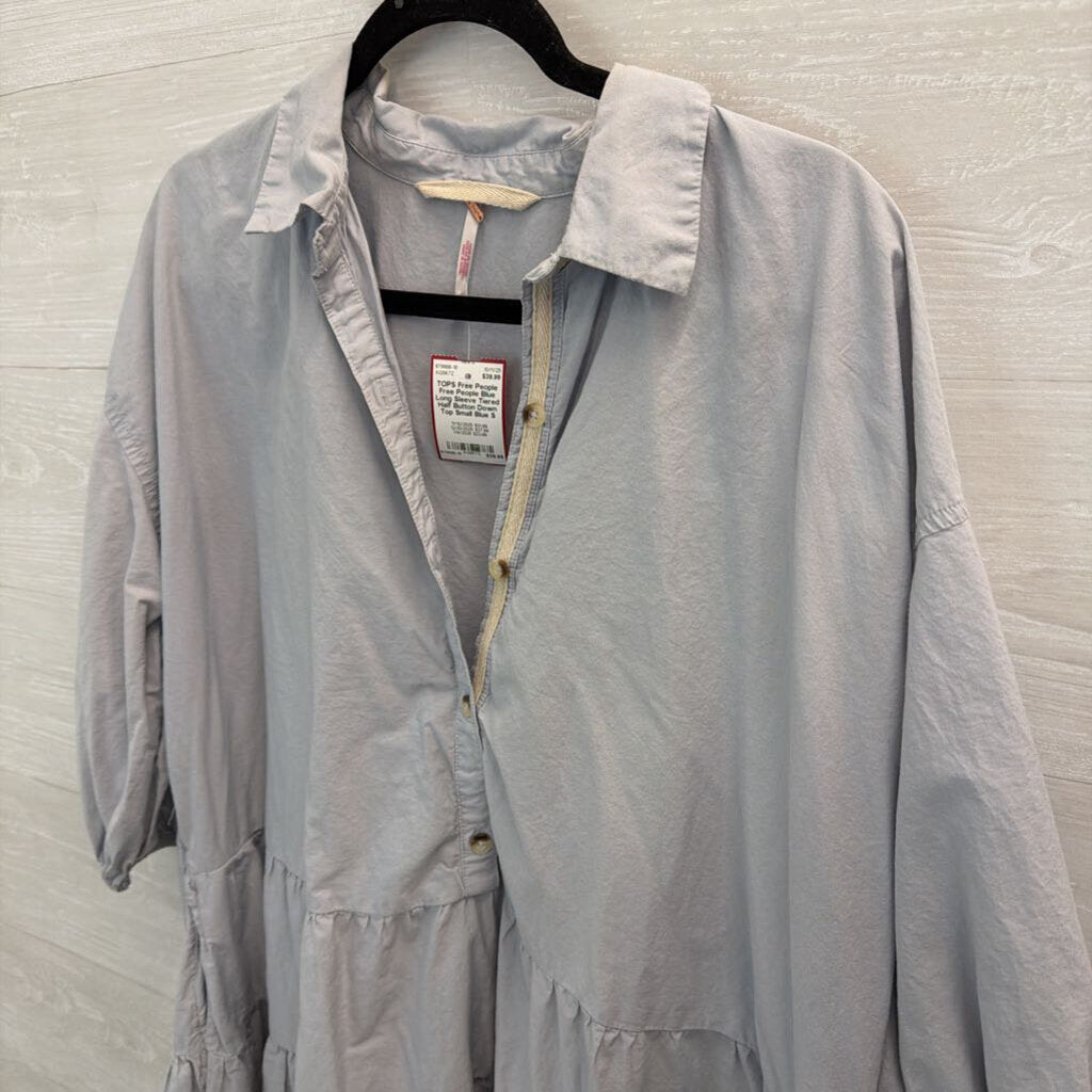 Free People Blue Long Sleeve Tiered Half Button Down Top Small
