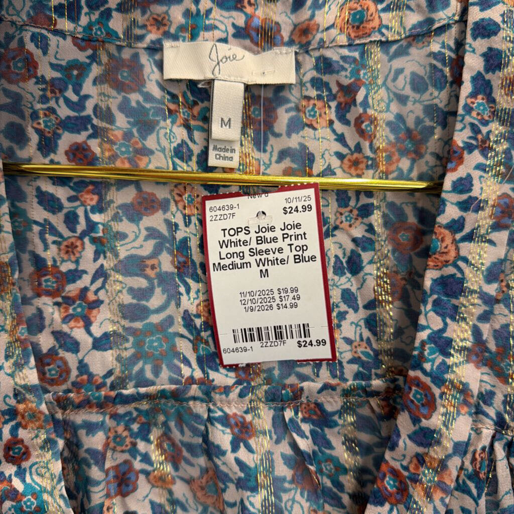 Joie White/ Blue Print Long Sleeve Top Medium