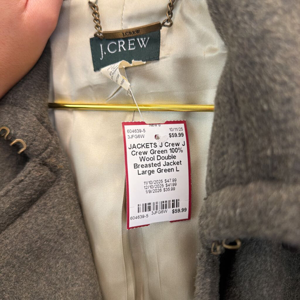 J Crew Green 100% Wool Double Breasted Jacket Large