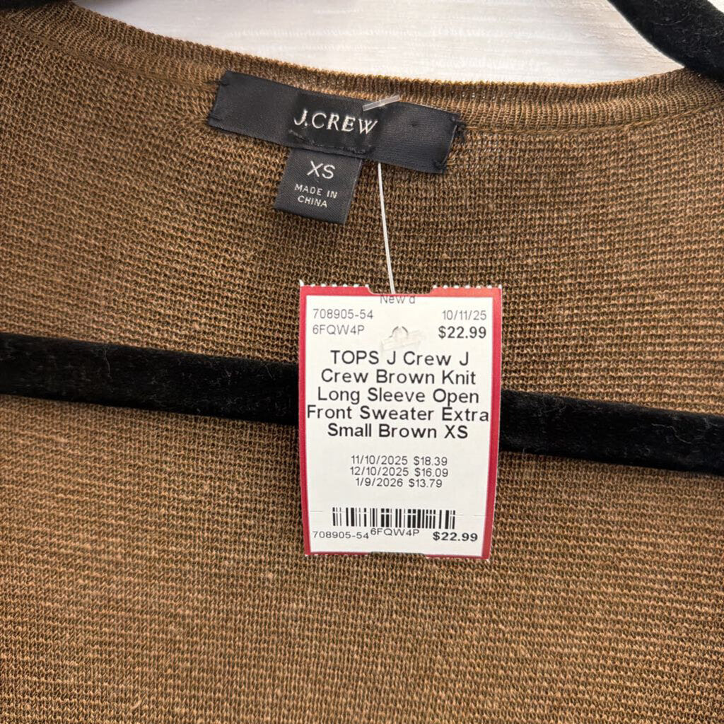 J Crew Brown Knit Long Sleeve Open Front Sweater Extra Small