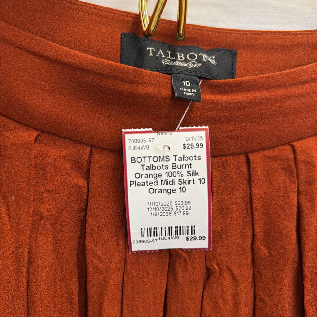 Talbots Burnt Orange 100% Silk Pleated Midi Skirt 10