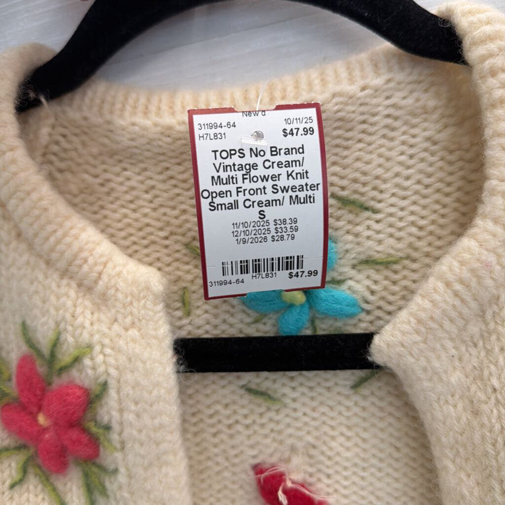 Vintage Cream/ Multi Flower Knit Open Front Sweater Small