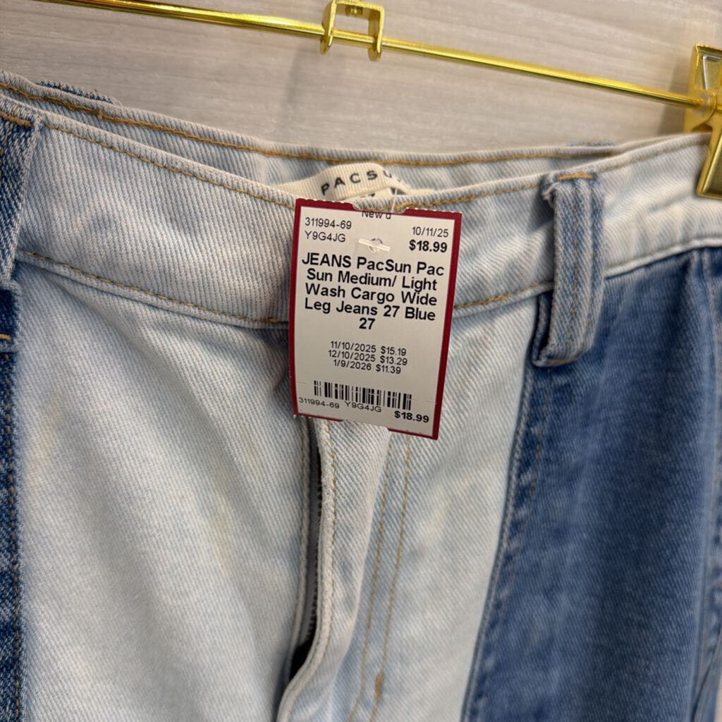 Pac Sun Medium/ Light Wash Cargo Wide Leg Jeans 27