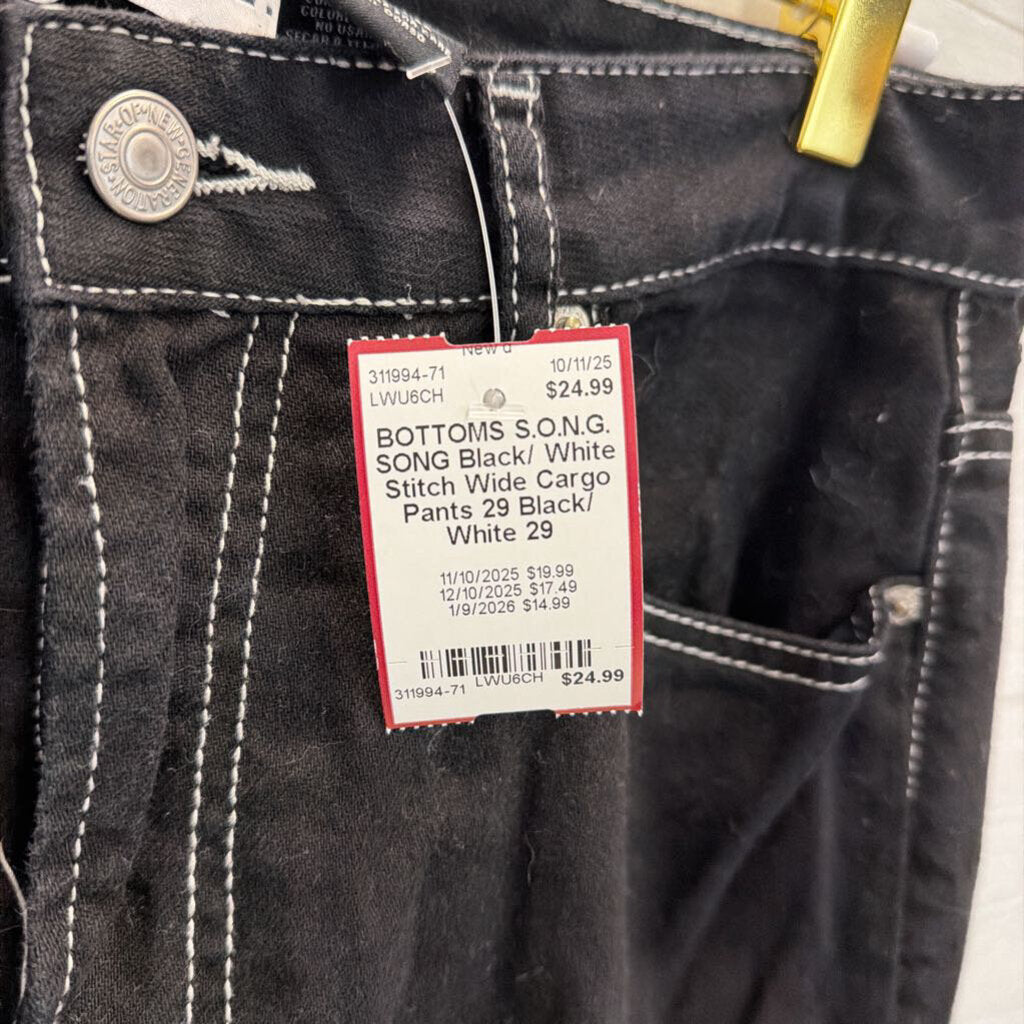 SONG Black/ White Stitch Wide Cargo Pants 29