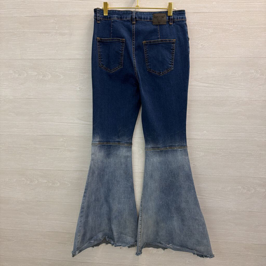 Lucky and Blessed Dark/ Light Wash Flare Jeans 8