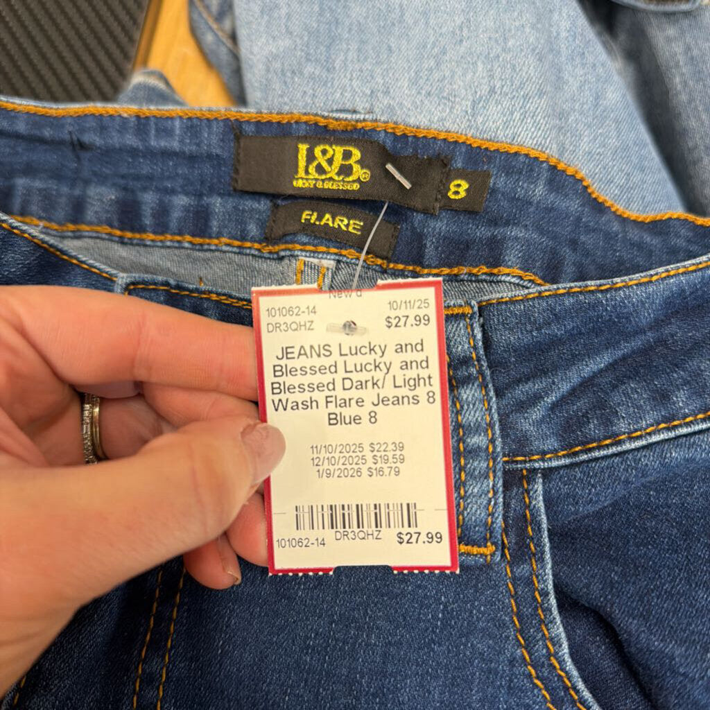 Lucky and Blessed Dark/ Light Wash Flare Jeans 8