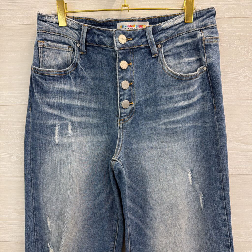 Freckled Poppy Medium Wash Distressed Wide Leg Jeans 30