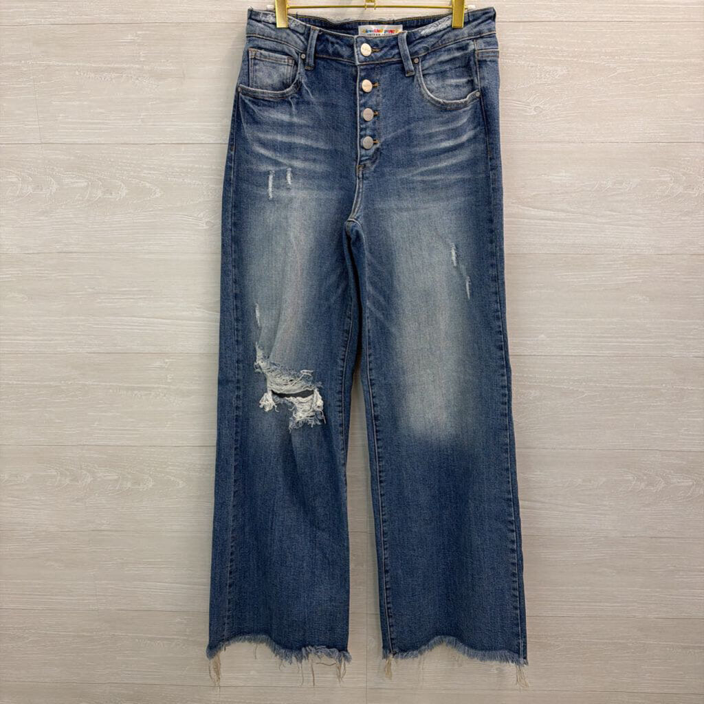 Freckled Poppy Medium Wash Distressed Wide Leg Jeans 30